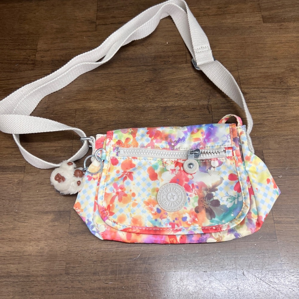 Kipling Floral Mini Messenger Bag Shoulder Bag Monkey Charm Multicolored